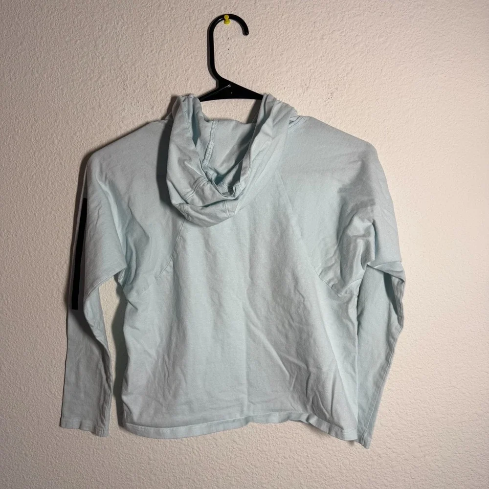 Adidas Hoodie Girl Medium 10/12 Light Blue Graphic Print Spellout Logo Loose Fit